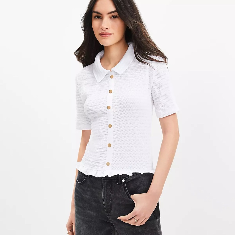 Loft White Smocked Ruffle Hem Shirt Small Gold Faux Bottons